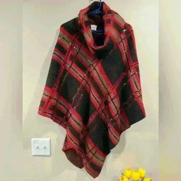 🔥Chico’s Plaid Embellished Cowl-Neck Poncho🔥 - Picture 1 of 6